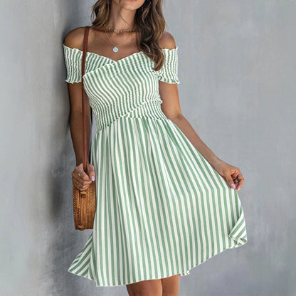 Women's Off-Shoulder Striped Waist-Cinching Midi Dress