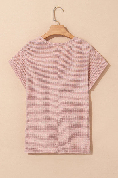Mist Green Hollow Patchwork Waffle Knit Top
