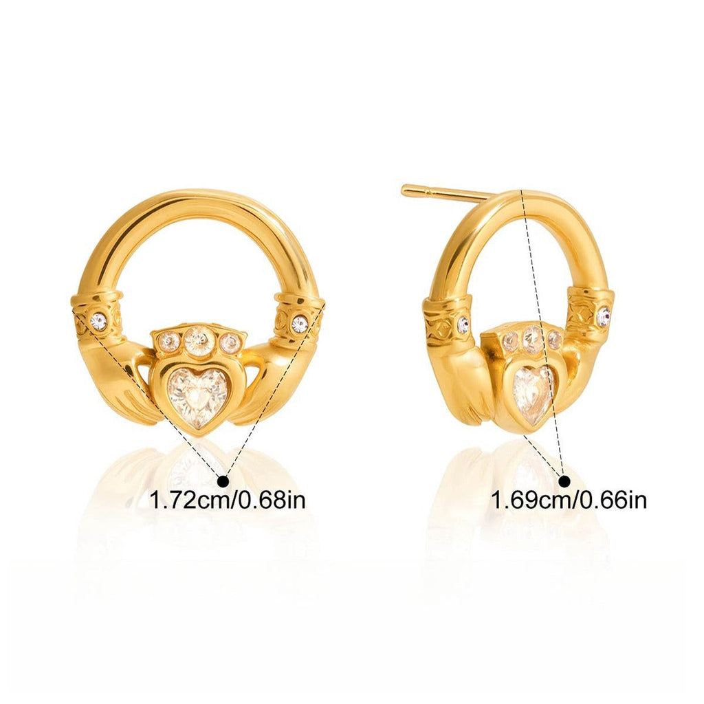 18K gold-plated friendship hand design titanium steel stud earrings with cubic zirconia.