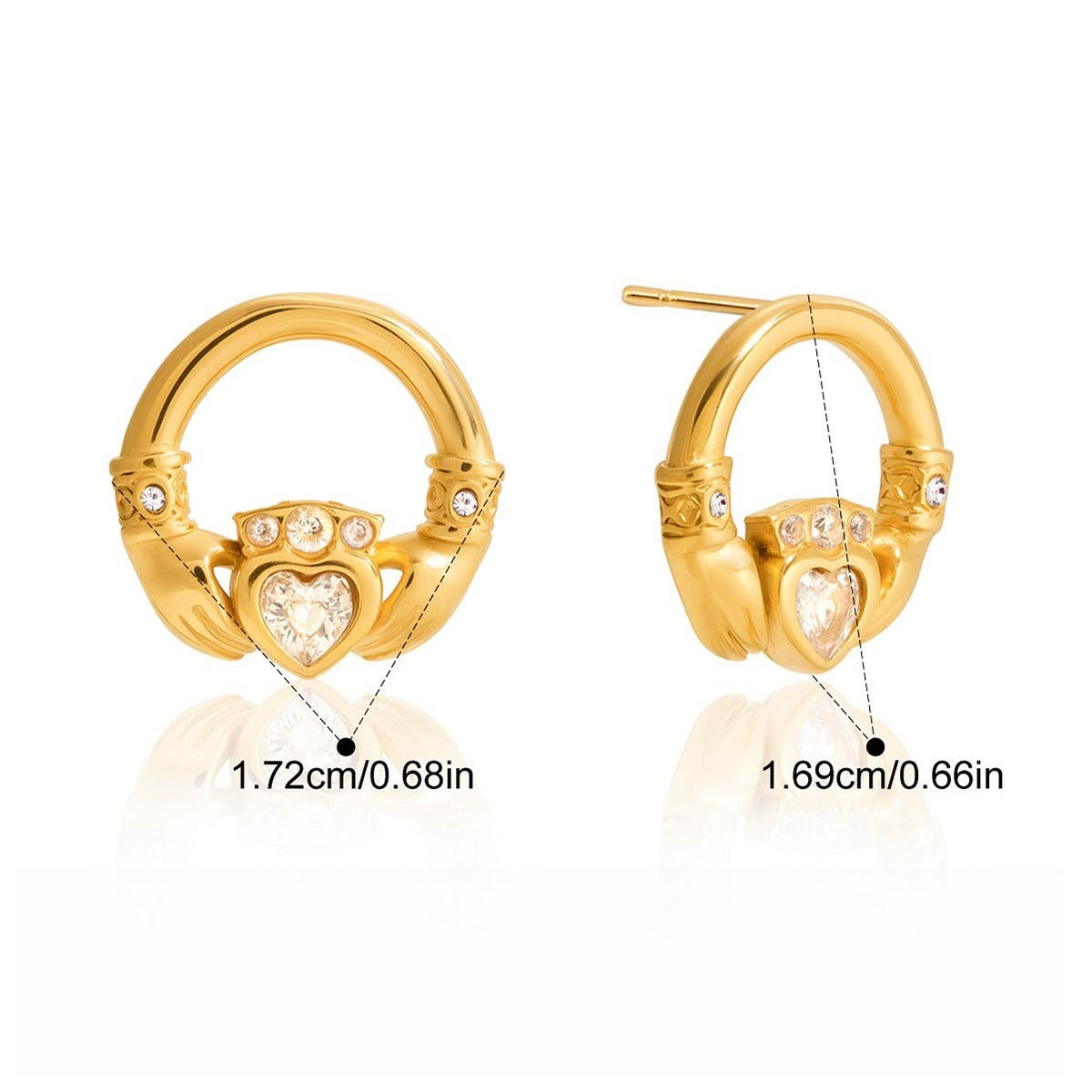 18K gold-plated friendship hand design titanium steel stud earrings with cubic zirconia.
