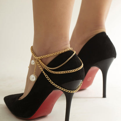 Beach Imitation Pearl Pendant Tassel Chain Anklet