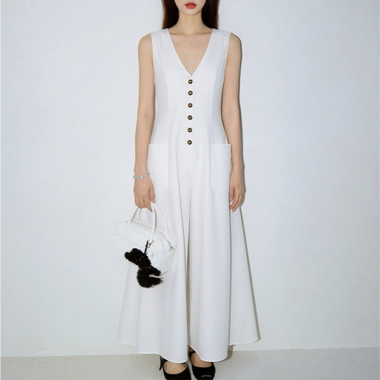 Women's V-Neck Sleeveless Button-Up Pencil Dress