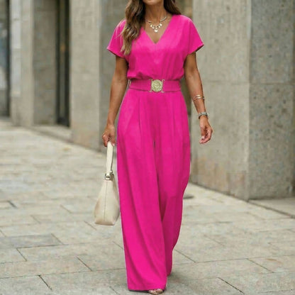 Women's V-Neck Belted Wide-Leg Jumpsuit