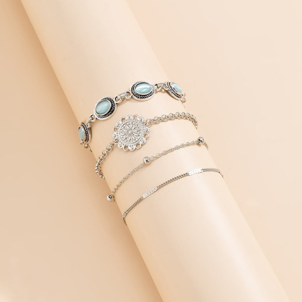 Ethnic style flower disc cat's eye gold retro bracelet