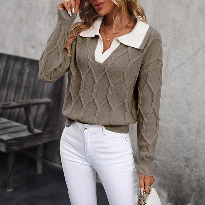 🧶 Women’s Lapel V-Neck Color-Block Long-Sleeve Pullover Sweater