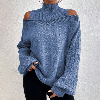 Women's Cold Shoulder Sweater - High Neck Cut Out Pullover Long Sleeve