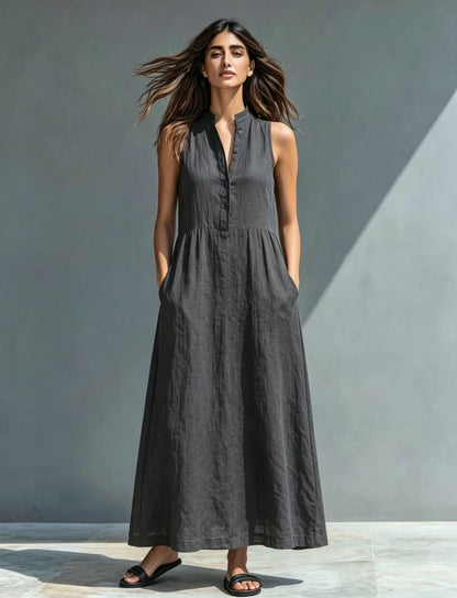 Women's Stand-Collar A-Line Maxi Dress – Resort & Vacation Style