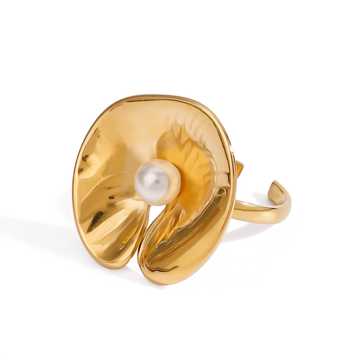 18K gold geometric inlaid pearl design classic simple ring