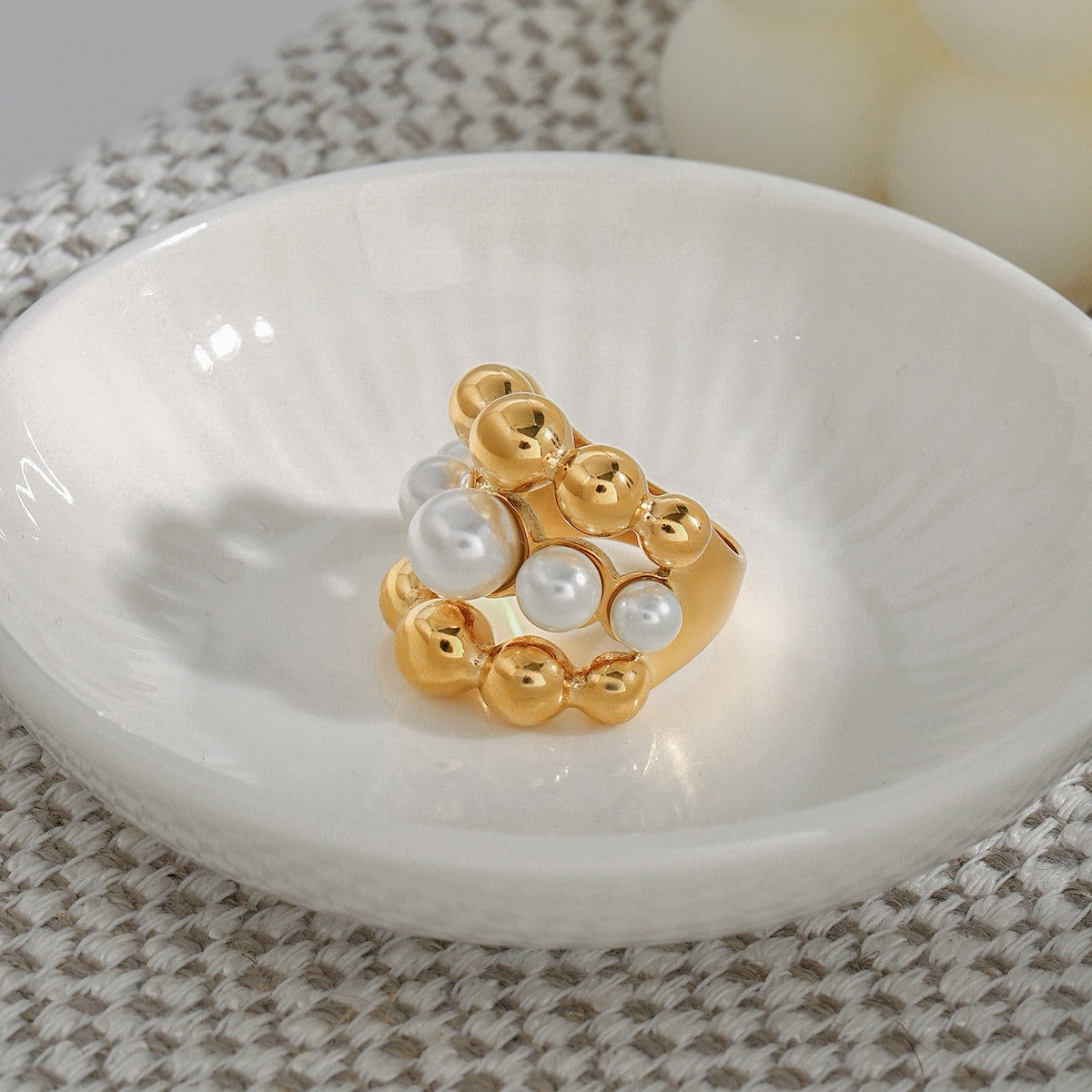 18K gold multi-layer round beads with pearl design exquisite high-end ring