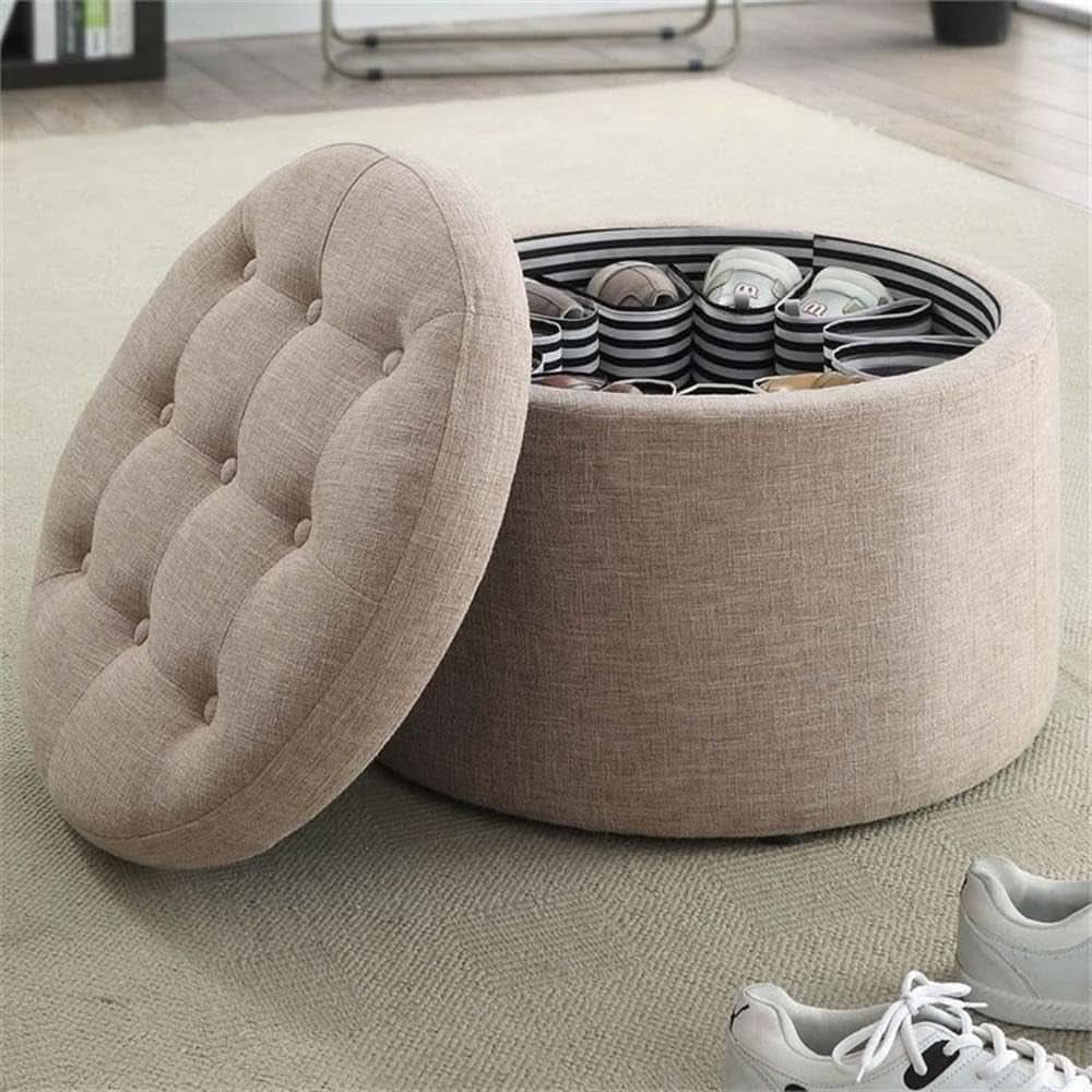 Round Shoe Ottoman Tan Fabric 12 Compartment Storage