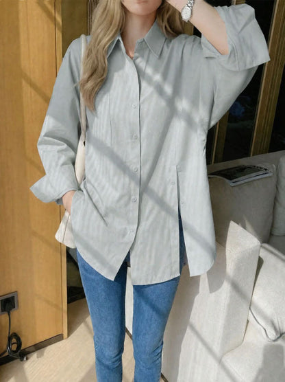 Women's Solid Color Drop Shoulder Button Side Slit Shirt