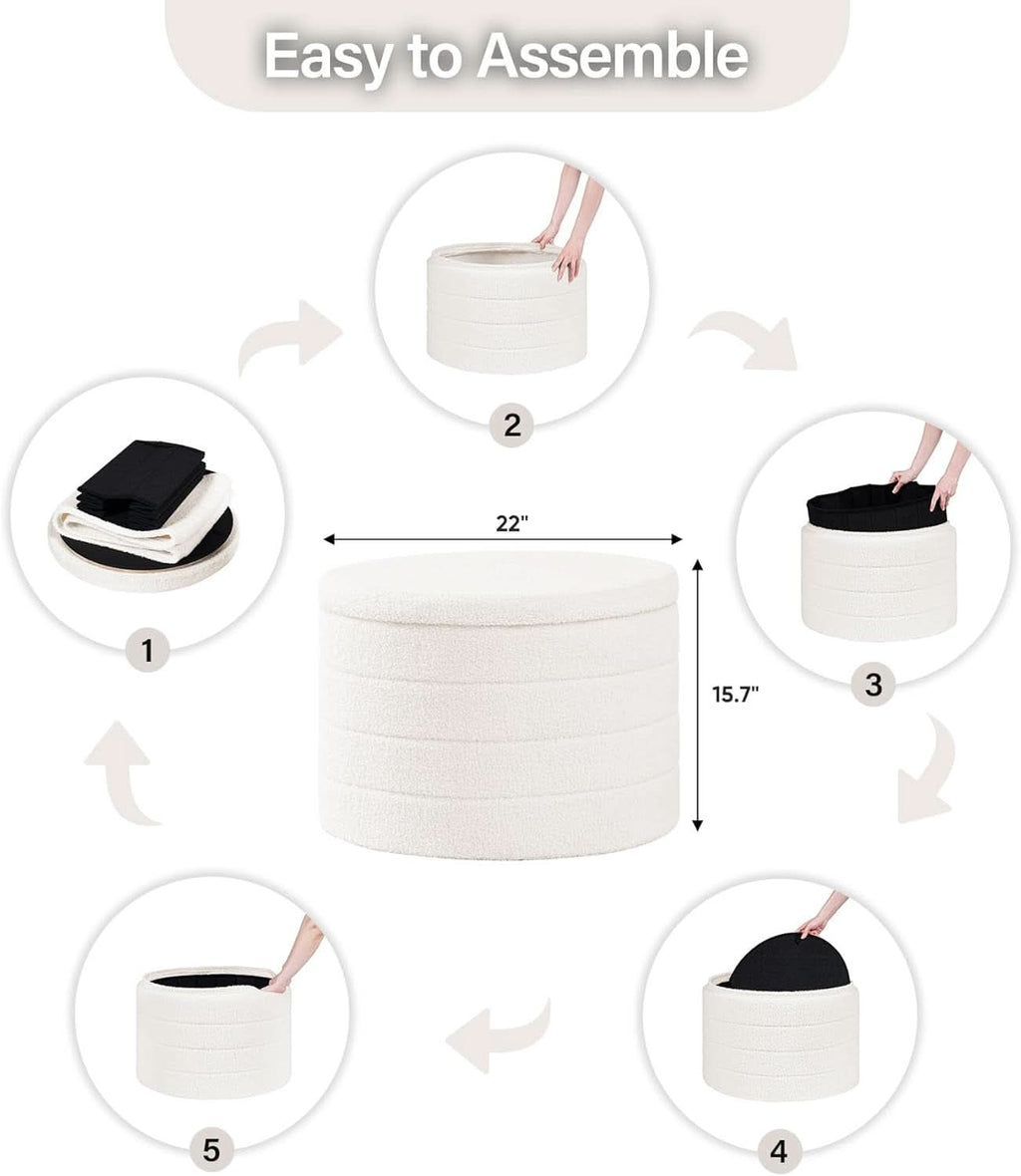 Round Sherpa Boucle Storage Ottoman White 22 Inches