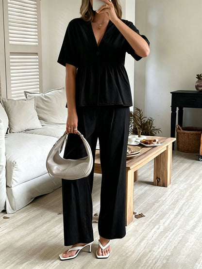 Women's V-Neck Loose Short-Sleeve Top & Wide-Leg Pants Set