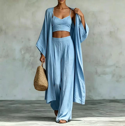 Loose Cardigan & Strap Top High Waist Wide Leg Pants Set – 3-Piece