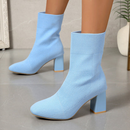 Knitted Round-Toe Sock Boots — High Heel Booties Women