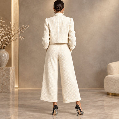 Women's Textured Cropped Jacket & Wide-Leg Pants Set