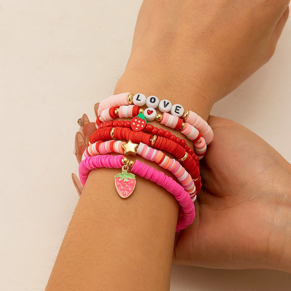 Strawberry polymer clay beaded bracelet