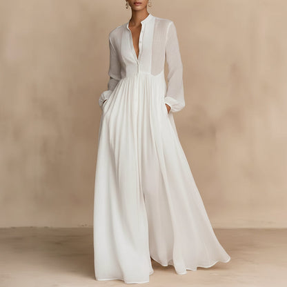 Women's French Style Long Sleeve Pleated A-Line Maxi Dress