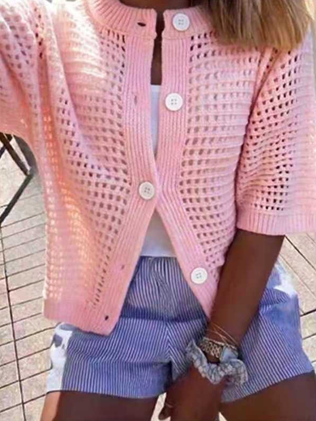 Women's Hollow-Out Knit Cardigan – Open Front, Short Sleeve, Solid Color
