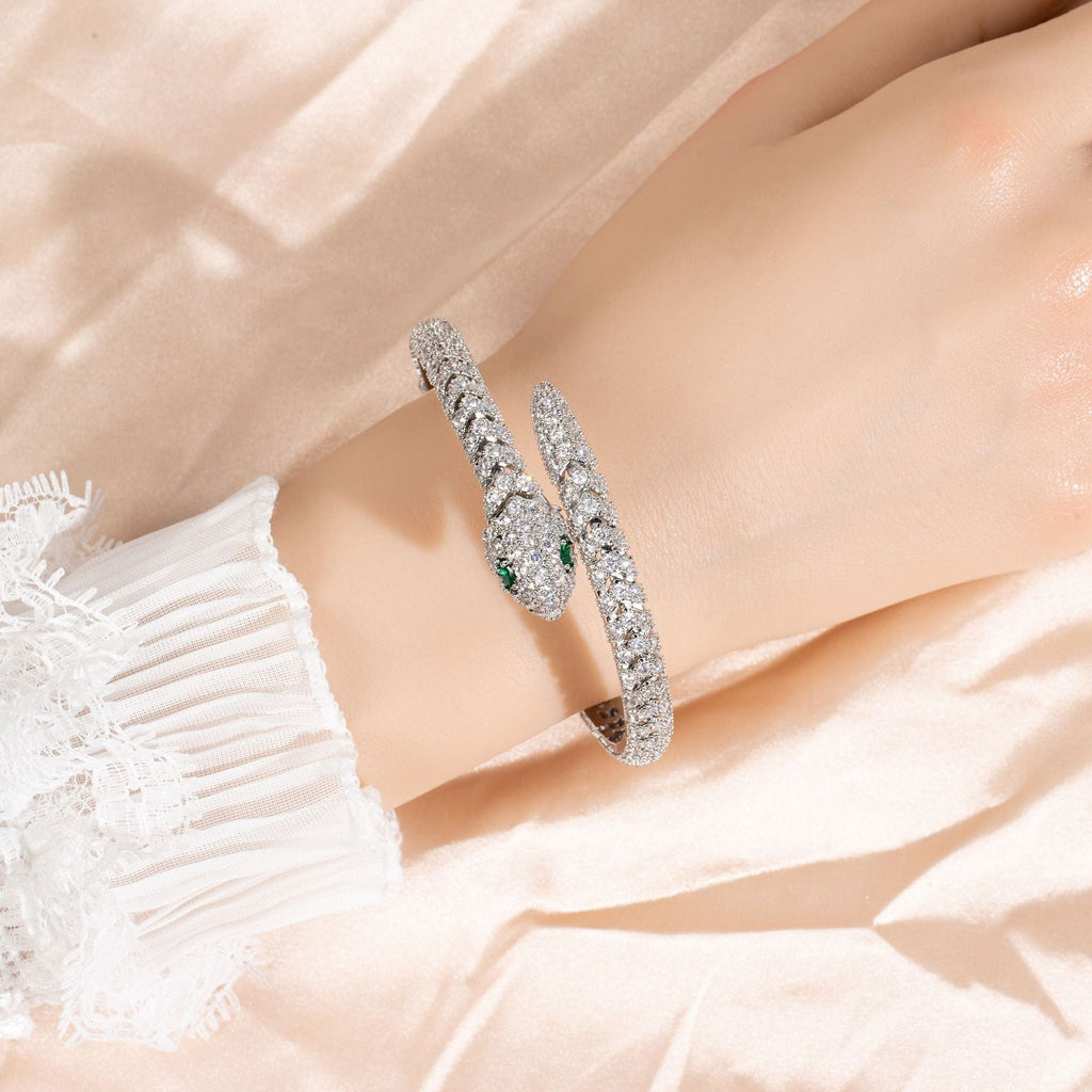 Women's 18K Gold Snakebone Open Bangle with Full Diamond Setting