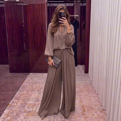 Women's V-Neck Lace-Up Bishop Sleeve Wide-Leg Pants Set