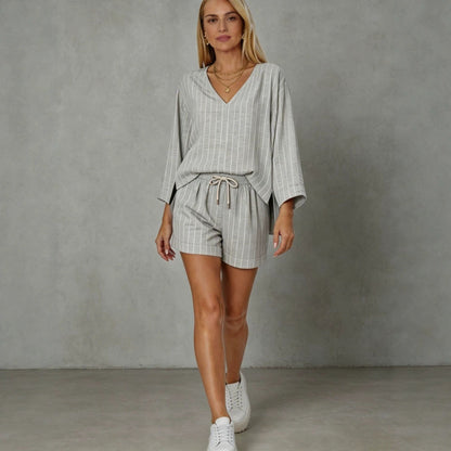 Women's Loose V-Neck Long Sleeve Striped Shorts Set – Casual Leisure