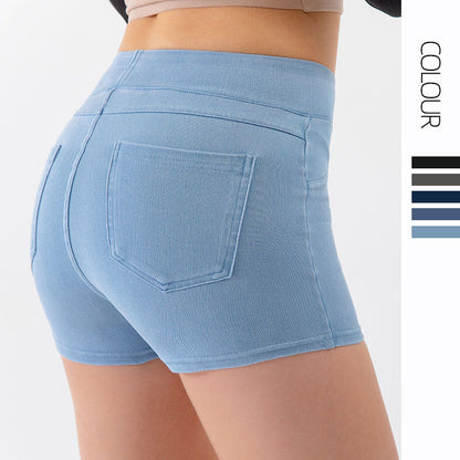 Denim-Look High-Waist Hip-Lifting Yoga Shorts – Slimming Tummy Control Fitness Shorts