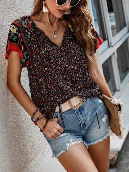 Printed Tie Neck Short Sleeve Blouse – Feminine Everyday Style