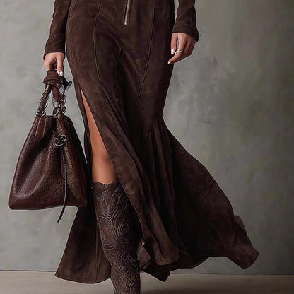Women's Suede Velvet Zip-Front Fishtail Maxi Dress – Long Sleeve High Waist Mermaid Hem