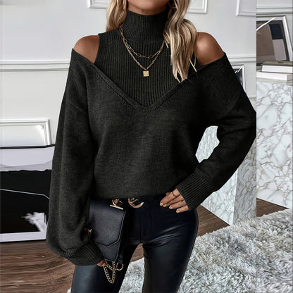 Women’s Elegant Off-Shoulder Turtleneck Sweater — Long Sleeve Knit Top