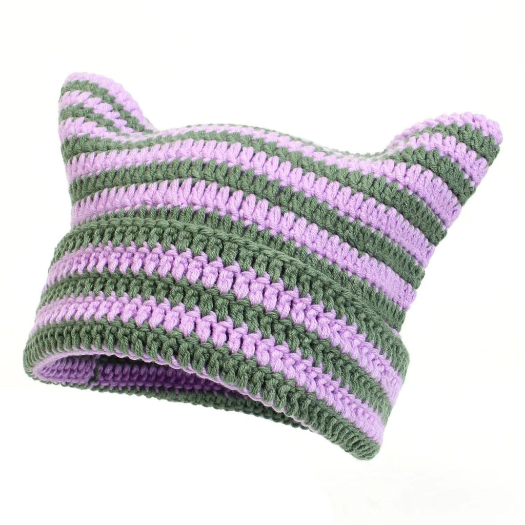 Women’s Hand Knitted Striped Cat Hat – Cute Warm Winter Beanie