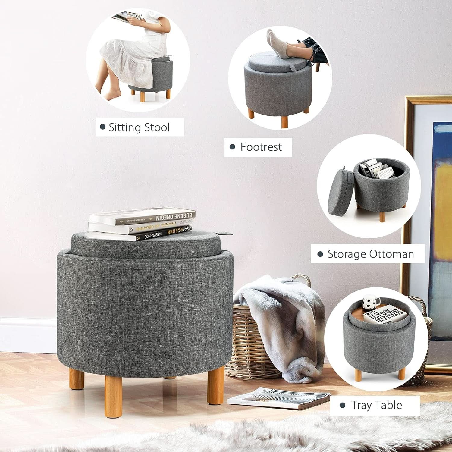Grey Premium Microfiber Storage Ottoman Large Tray