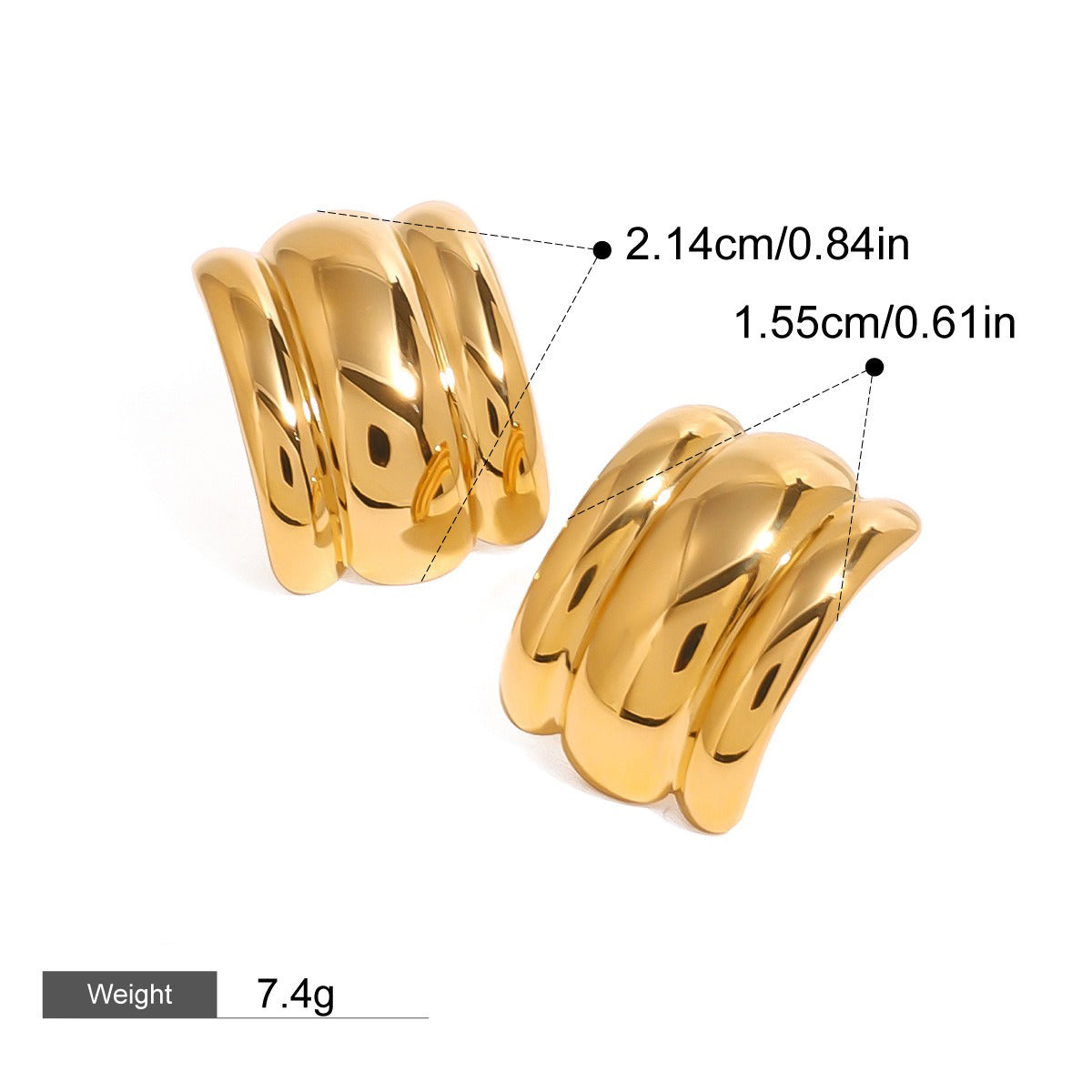 18k gold C-shaped wide face with striped design, fashionable and simple earrings