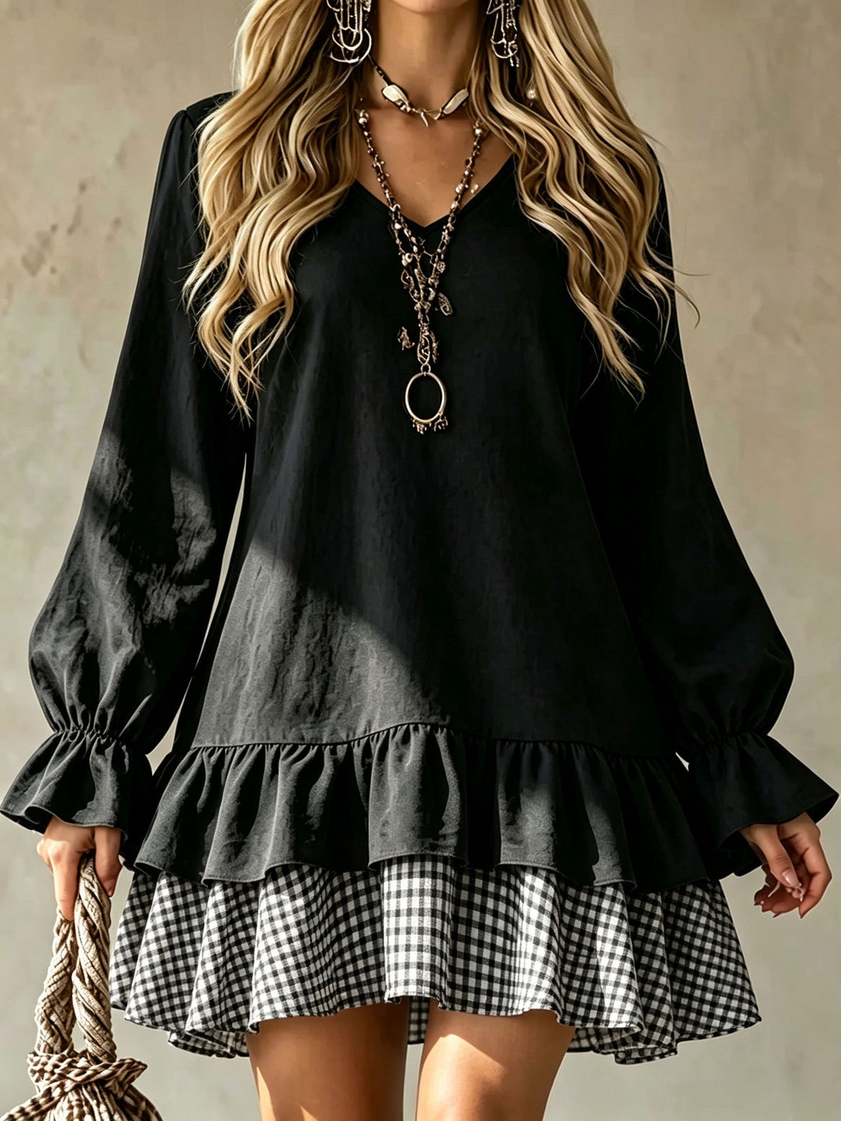 Women's V-Neck Ruffle Sleeve Plaid Patchwork Mini Dress