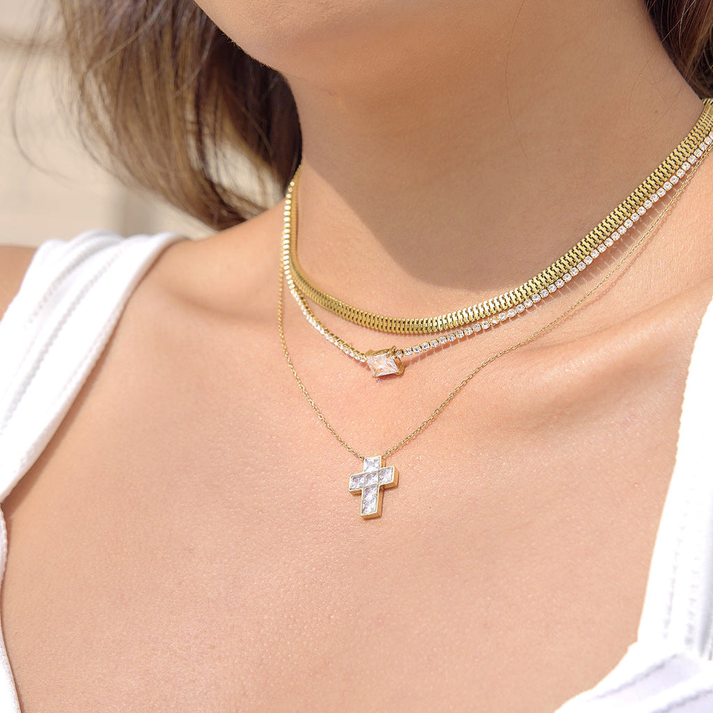 Stainless Steel Zircon Cross Necklace