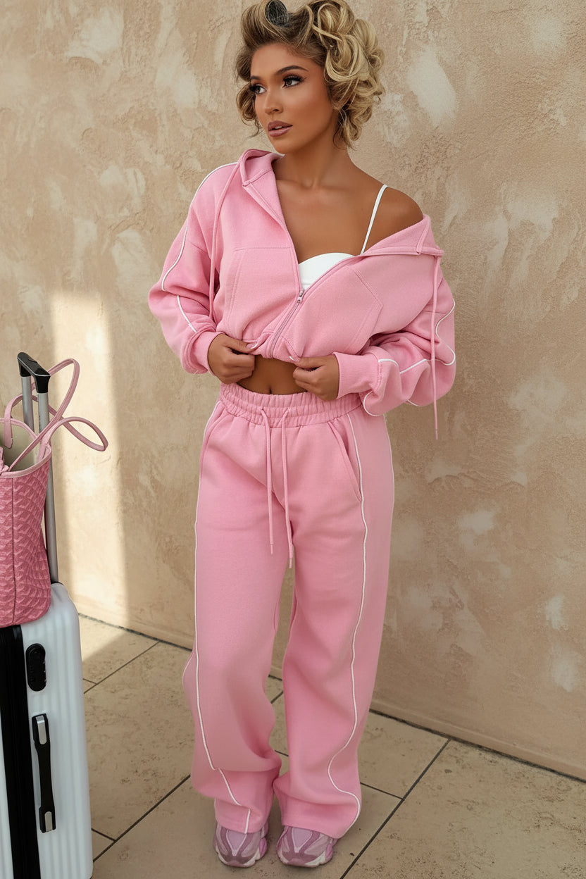 Women's Fleece Cropped Zip Hoodie & Wide-Leg Pants Set