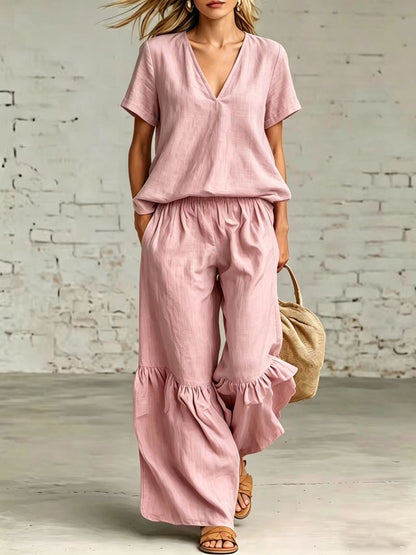 V-Neck Loose Short-Sleeve Top & Pants Set – 7 Colors, S–5XL