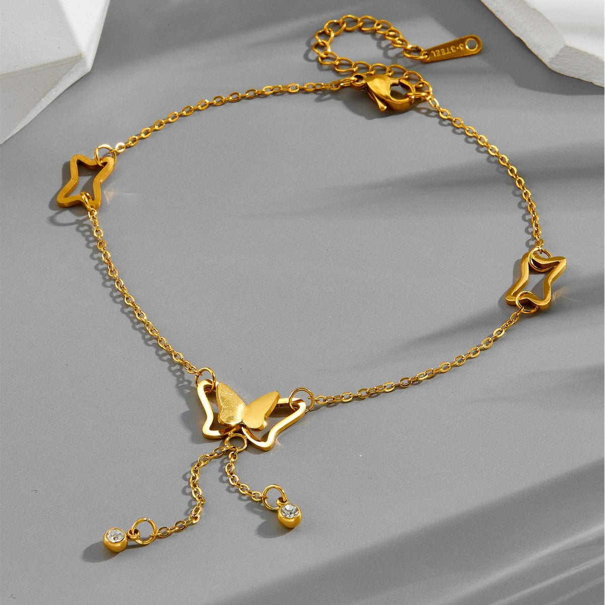 Rose gold trendy titanium steel butterfly tassel bare anklet