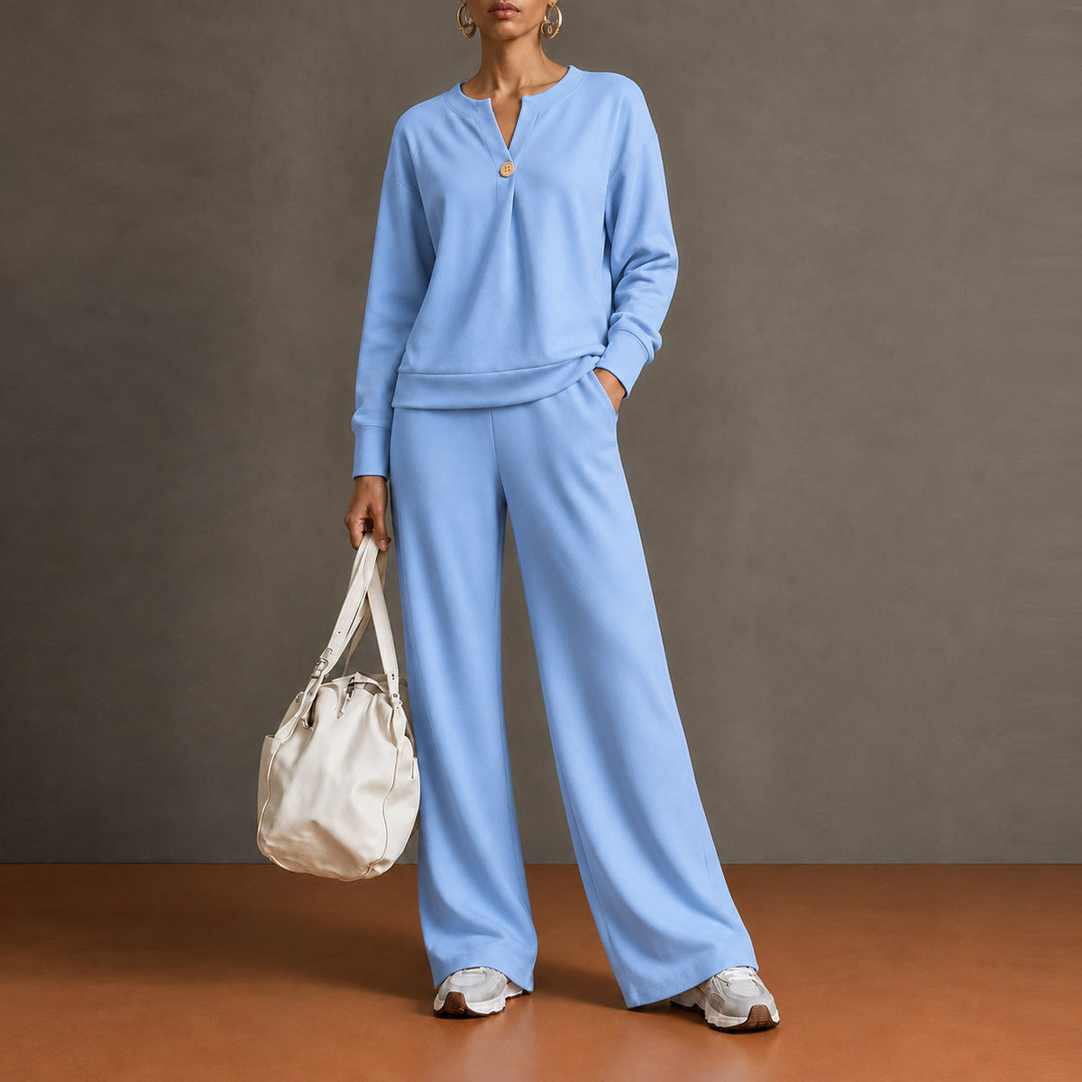 Women's Single-Button Split-Neck Sweatshirt & Wide-Leg Pants Set