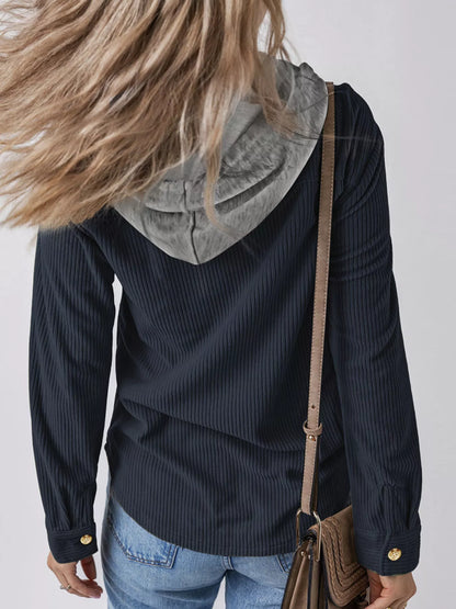 Plus Size Casual Corduroy Button-Down Hooded Jacket