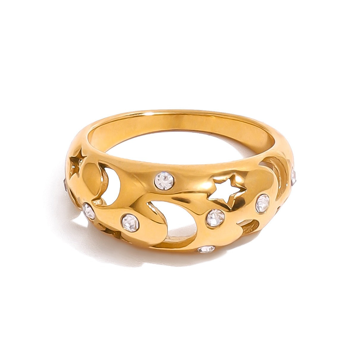 18K gold star and moon hollow with gemstone design exquisite noble ring