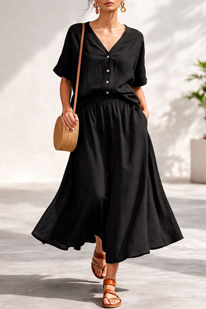 Women's V-Neck Button-Up Top & Long Skirt Set