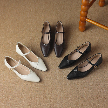 Women's Pointed Toe Low Square Heel Buckle Flats – Floral Detail Dress Shoes