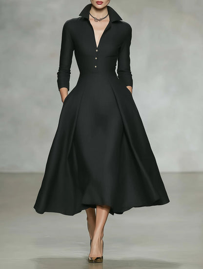 Deep V-Neck Shirt Collar Pleated A-Line Midi Dress with Pockets
