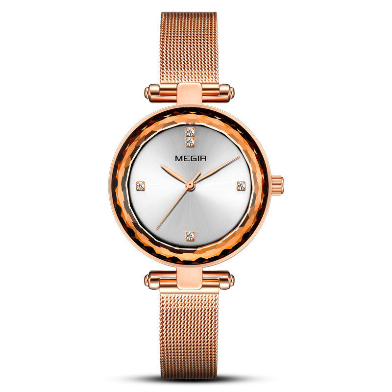 Stylish Cut-mirror Imported Movement Quartz Womens Watch With A Steel Band And Diamond Accents