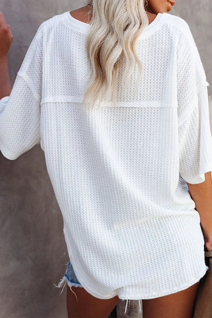 Blue Exposed Seam Drop Sleeve V Neck Waffle Textured Top