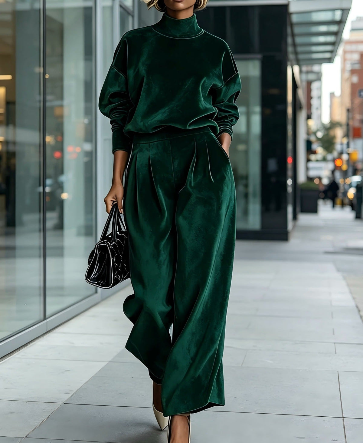 Women's Mock Turtleneck Balloon Sleeve Top & Pleated Wide-Leg Trousers Set