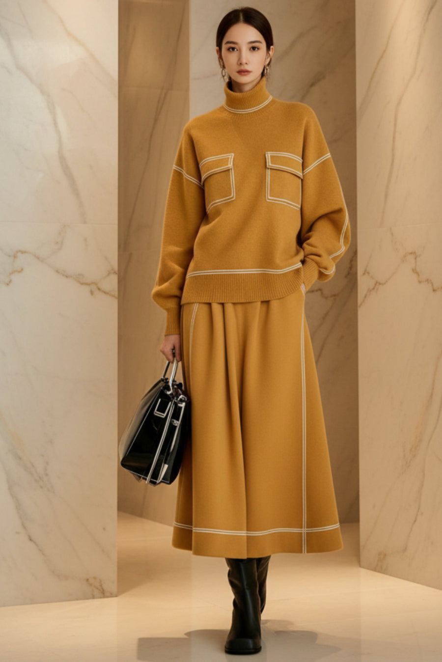 Women's Turtleneck Balloon-Sleeve Knit Top & A-Line Midi Skirt Set with Contrast Topstitching