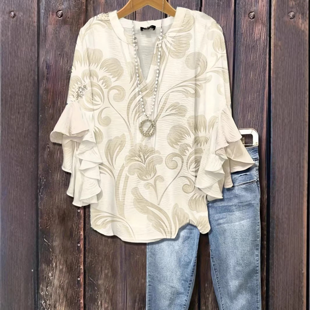 Women's 3D Print Ruffle Sleeve Loose Top – Elegant Urban Style S–2XL