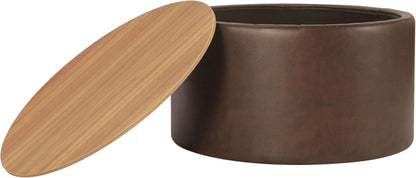 Polyester Upholstered Brown Wood Top Storage Ottoman